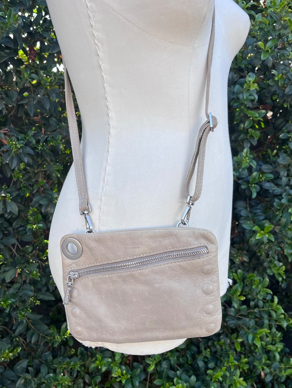 Hammitt Los Angeles Leather Crossbody Bag Taupe Gray Red Lining Distressed
